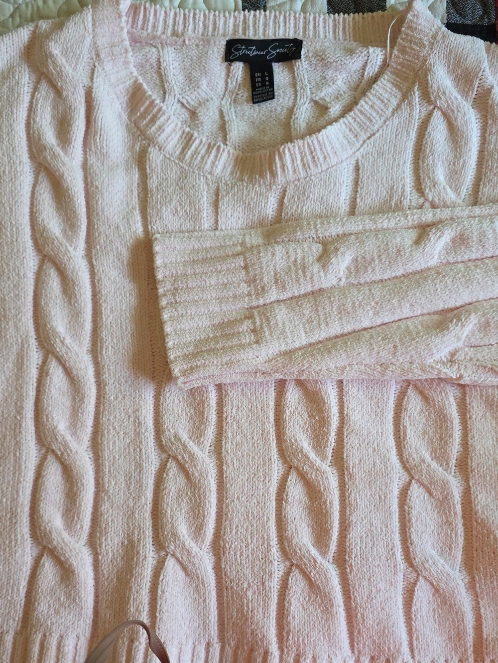 Streetwear Society Pale Pink Cable-Knit Crewneck Sweater